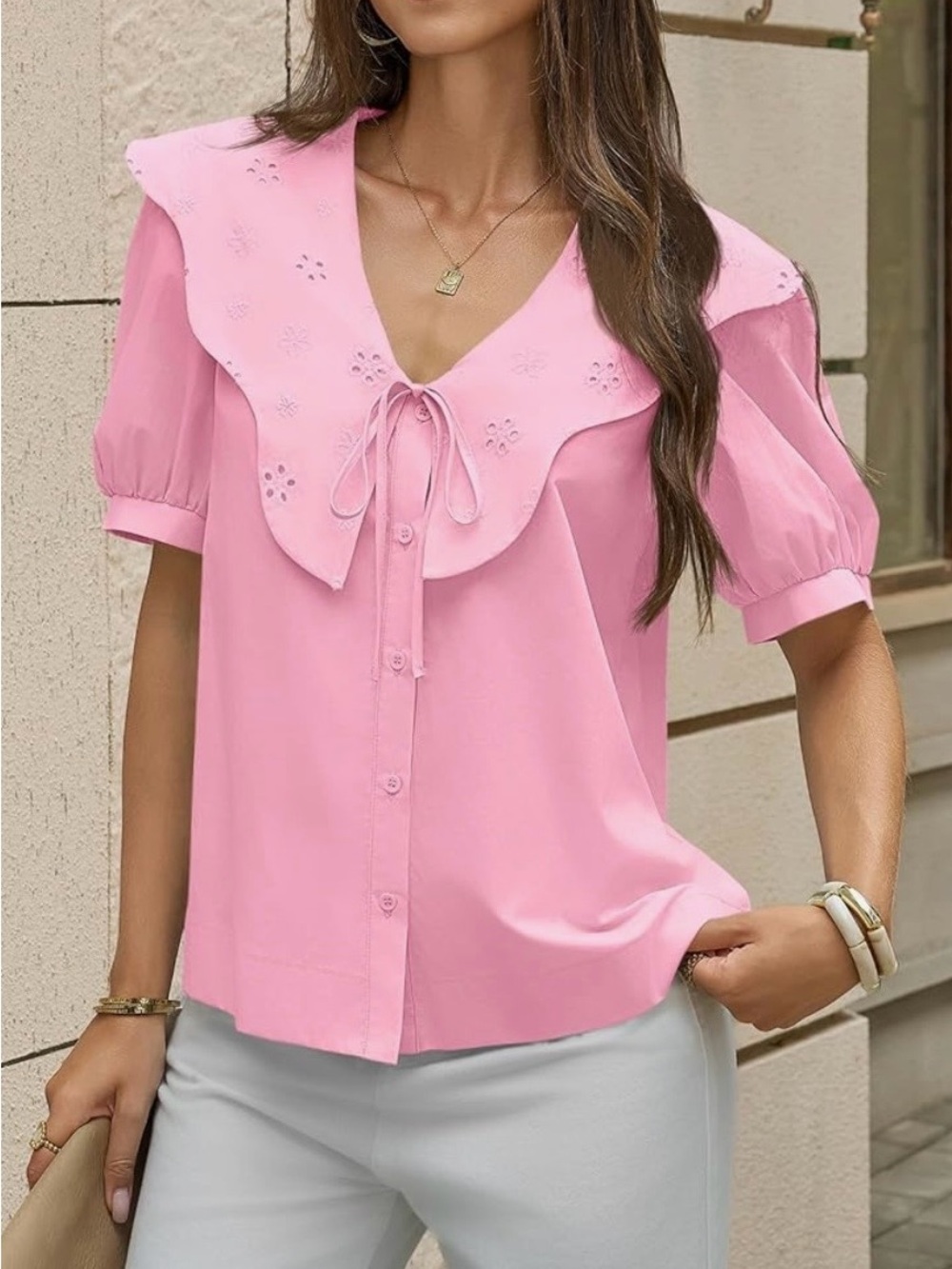 Cicy Bell pink puff sleeve blouse Peter Pan eyelet collar cotton buttons 2XL